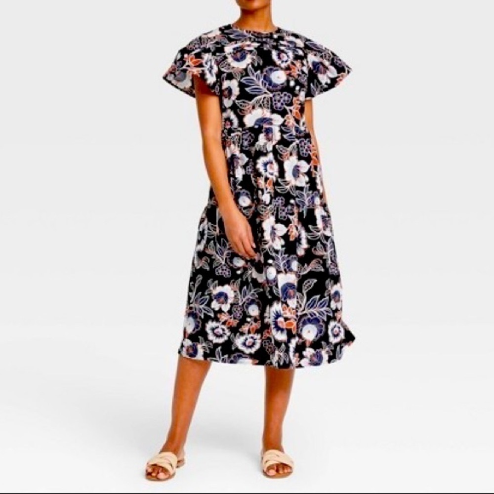 NWT WHO What Wear Batik Floral Tiered Flutter Sleeve Midi Dress
